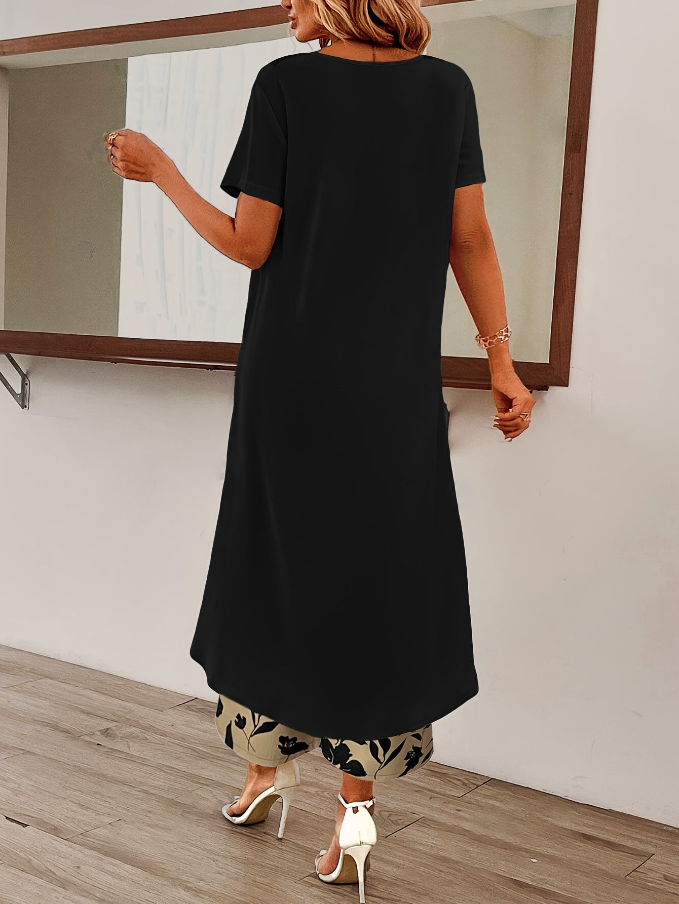 Womens Elegant Pants Set - Stylish Solid Color with Asymmetrical Hem Design, Comfortable Crew Neck Short Sleeve Top, Vibrant Floral Print Pants - Perfect for Spring and Summer Seasons, Complete Outfits for a Stylish Ensemble