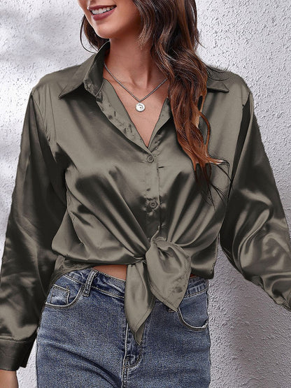 xakxx Long Sleeves Loose Solid Color Lapel Blouses