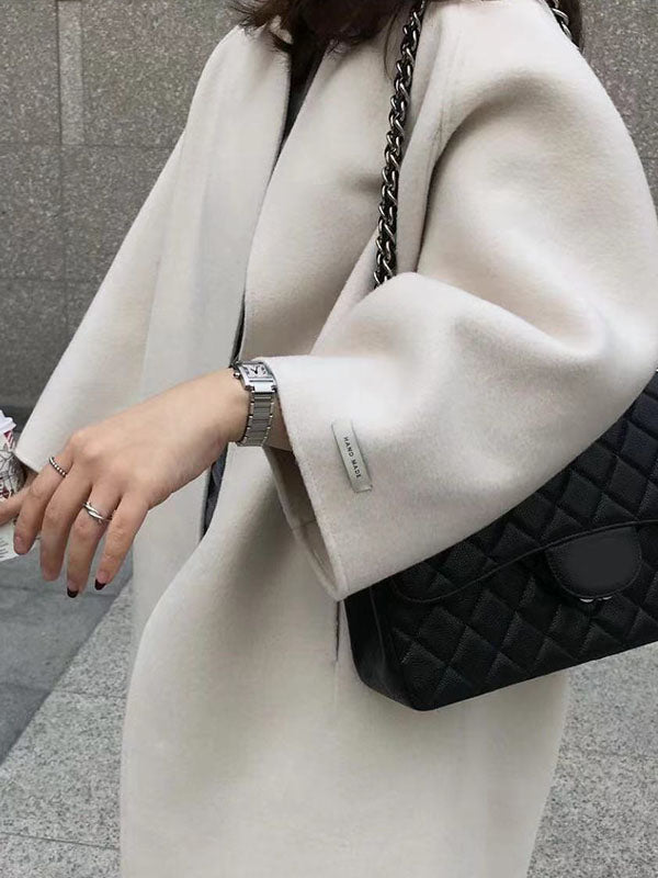 xakxx Long Sleeves Loose Solid Color Collarless Woolen Coat