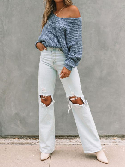 xakxx Long Sleeves Loose Solid Color V-Neck Knitwear Pullovers Sweater Tops