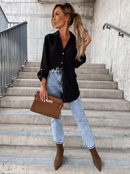 xakxx Trendy Long Sleeves Solid Color Lapel Collar Blouses