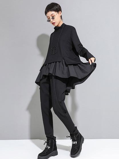 xakxx High-Low A-Line Falbala Split-Joint Split-Back High-Neck T-Shirts Tops