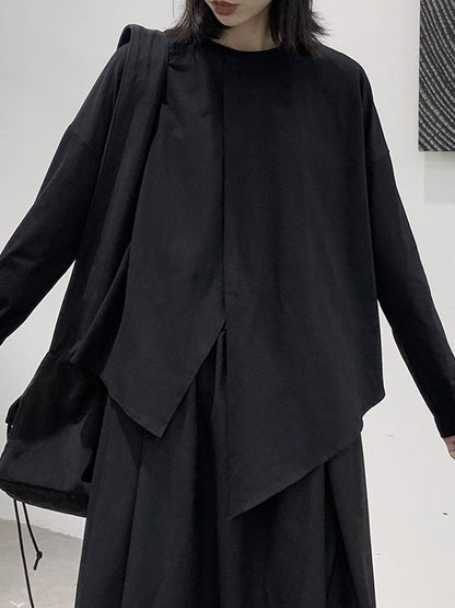 xakxx Long Sleeves Loose Asymmetric Solid Color Split-Front Split-Joint Round-Neck T-Shirts