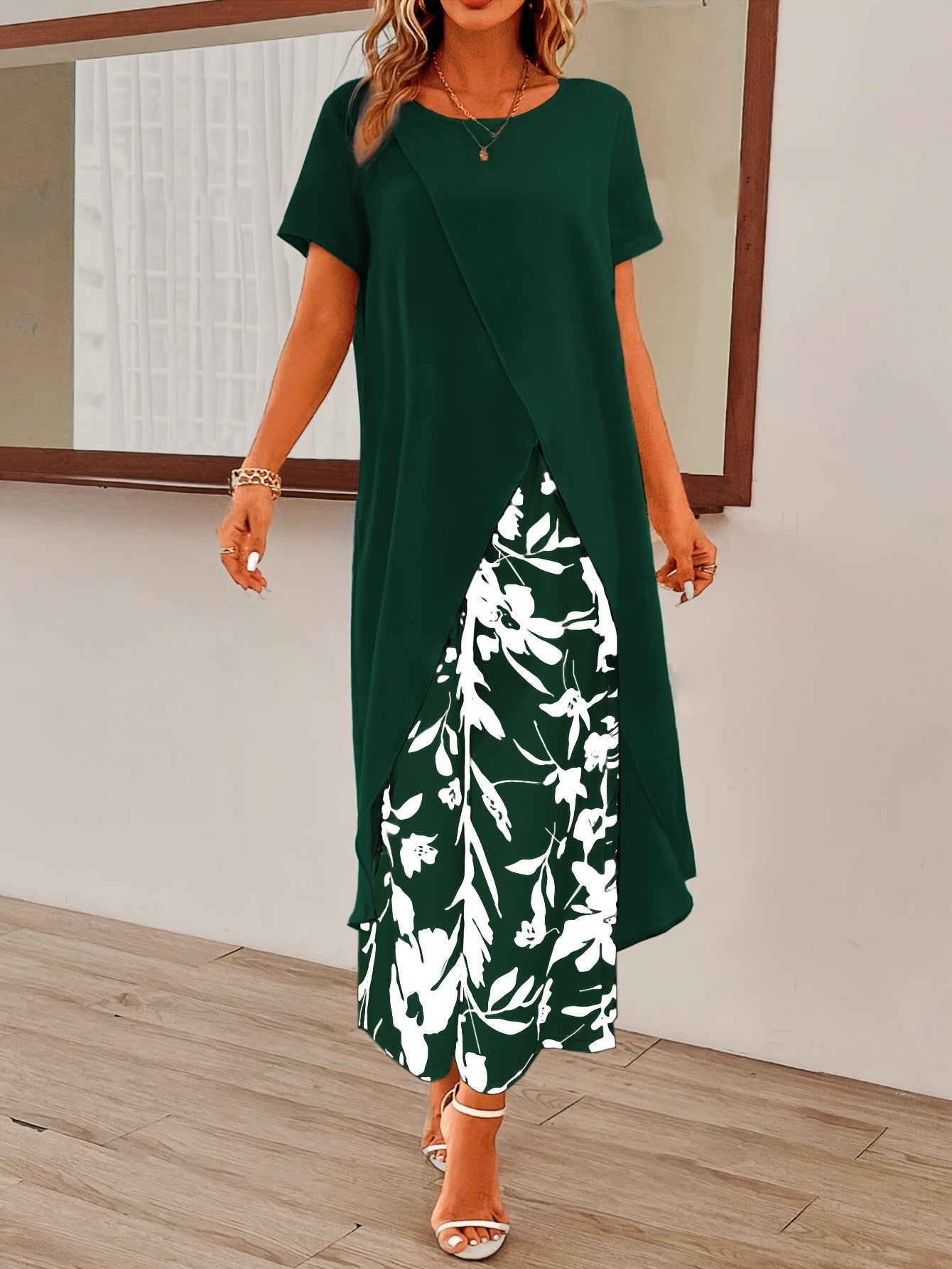 Womens Elegant Pants Set - Stylish Solid Color with Asymmetrical Hem Design, Comfortable Crew Neck Short Sleeve Top, Vibrant Floral Print Pants - Perfect for Spring and Summer Seasons, Complete Outfits for a Stylish Ensemble