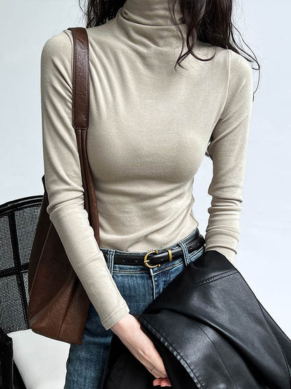 xakxx Long Sleeves Skinny Solid Color Split-Joint High Neck T-Shirts