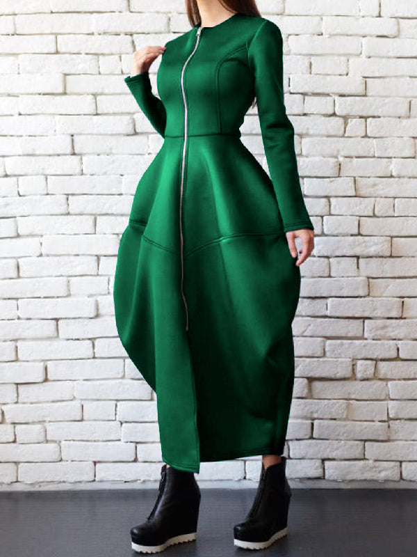 xakxx Split-Joint Zipper Round-Neck Maxi Dress Coat Bubble Dress