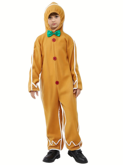 Boys' Fun Holiday Jumpsuit - Long Sleeves Hooded Gingerbread-Themed Polyester Party Apparel for Role-Playing Events