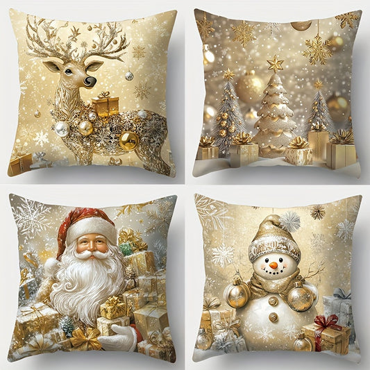 4pcs, Christmas pillowcase, Golden Santa Claus, snowman, deer, Christmas tree, beautiful and practical 17.7 inches * 17.7 inches, suitable for home and outdoor sofa decoration, living room sofa, bedroom zipper pillowcase (excluding pillow core)