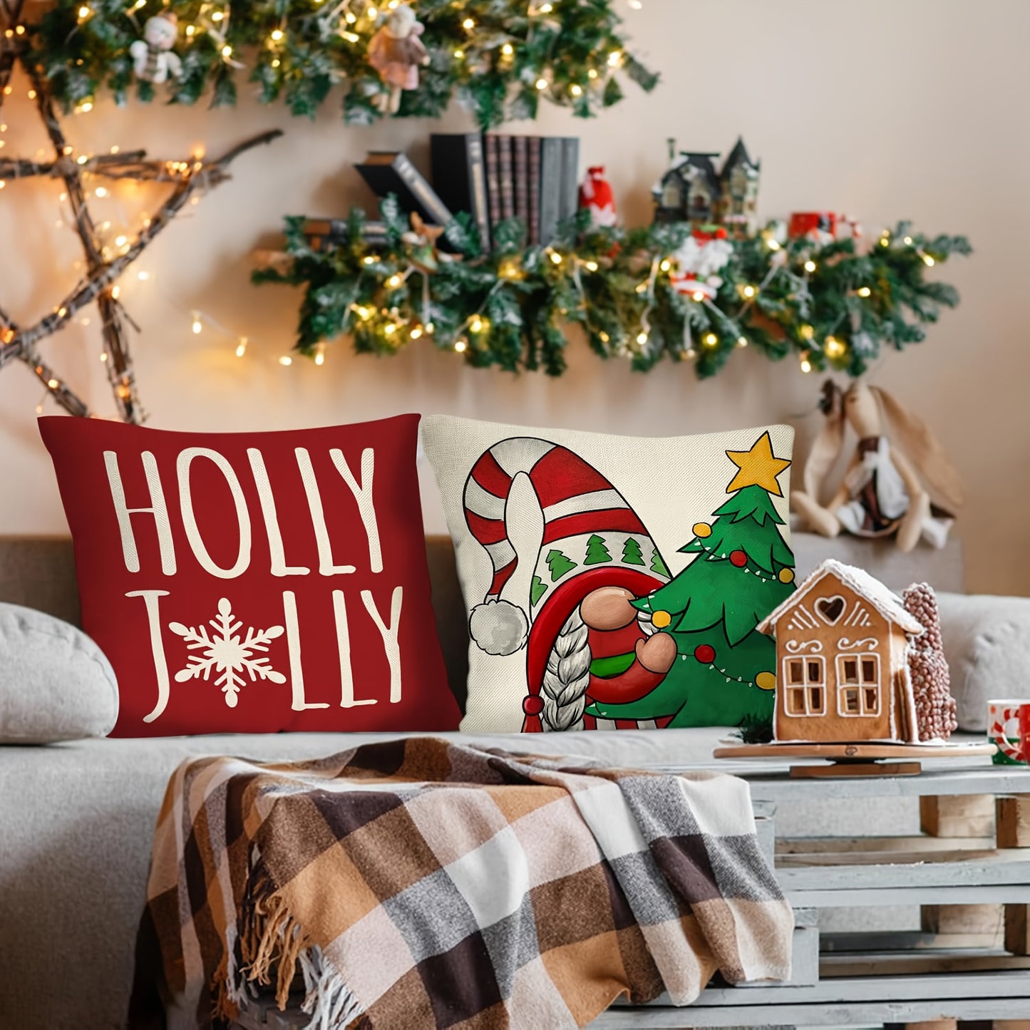 [Customer Favorite] 4pcs Merry Christmas Gnome Decorative Throw Pillow Cover Xmas Tree Holly Jolly Red Porch Patio Home Decor, Winter Holiday Snowflakes Polka Dot Gifts Outdoor Sofa Couch Cushion Case 18inxhX18inch No Pillow insert