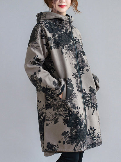 xakxx Artistic Retro Loose Floral Printed Hooded Long Sleeves Outwear