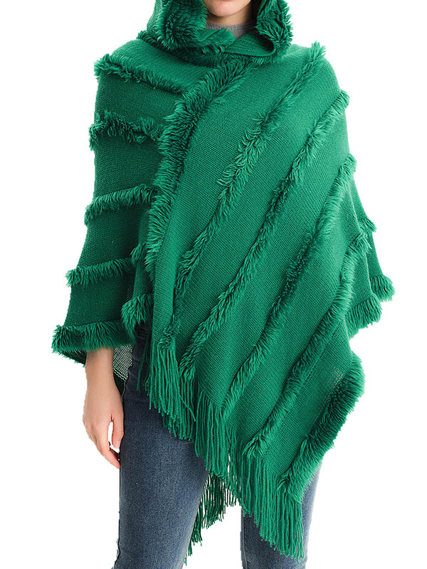 xakxx Hooded Keep Warm Solid Color Tasseled Cape Shawl&Cloak