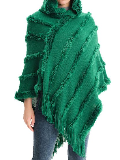 xakxx Hooded Keep Warm Solid Color Tasseled Cape Shawl&Cloak