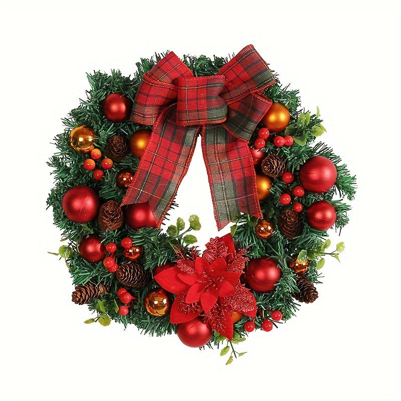 15.8" Vibrant Red Christmas Wreath with Artificial Pine Cones and Elegant Bow - Festive Holiday Door & Window Decoration, Perfect for New Year Celebrations, Indoor and Outdoor Use, Easy to Assemble, Durable and Long-Lasting
