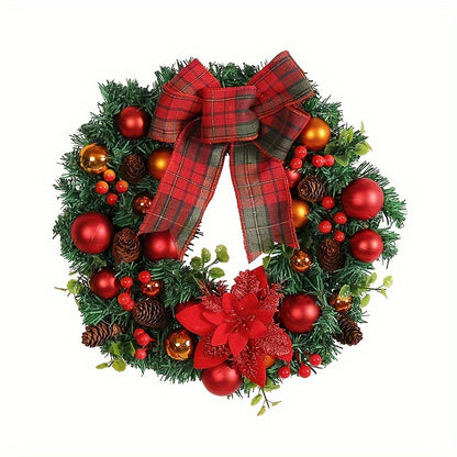 15.8" Vibrant Red Christmas Wreath with Artificial Pine Cones and Elegant Bow - Festive Holiday Door & Window Decoration, Perfect for New Year Celebrations, Indoor and Outdoor Use, Easy to Assemble, Durable and Long-Lasting