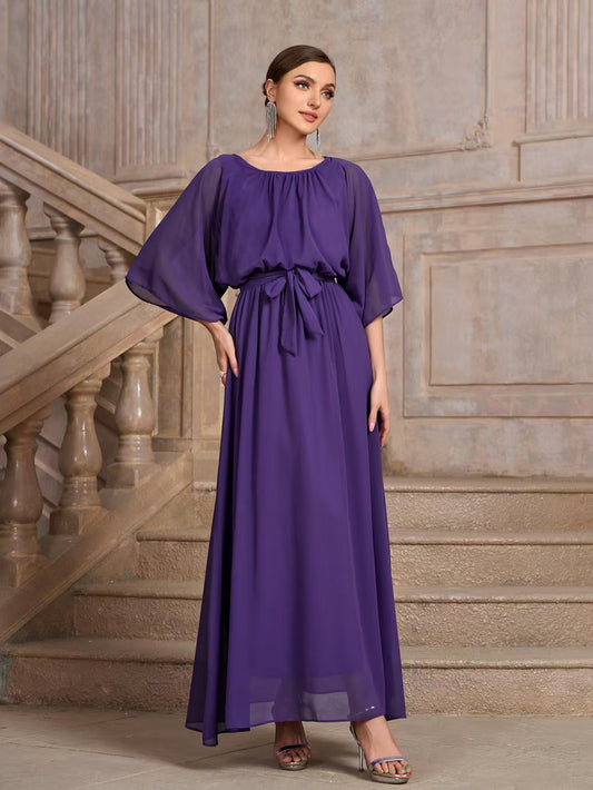 xakxx Loose Short Sleeves Elasticity Hollow Solid Color Tied Round-neck Maxi Dresses