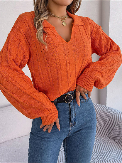 xakxx Long Sleeves Loose Solid Color Lapel Pullovers Sweater Tops