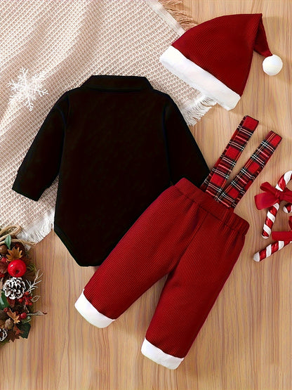 Targeted Development Of 3pcs Christmas Baby Boy Button Open Chest Decoration Bow Tie Long Sleeved Jumpsuit&waffle Fur Patchwork Shoulder Strap Pants&Christmas Hat Set