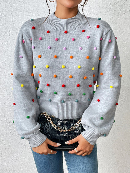 xakxx Long Sleeves Loose Pompom Triming Round-Neck Knitwear Pullovers Sweater Tops