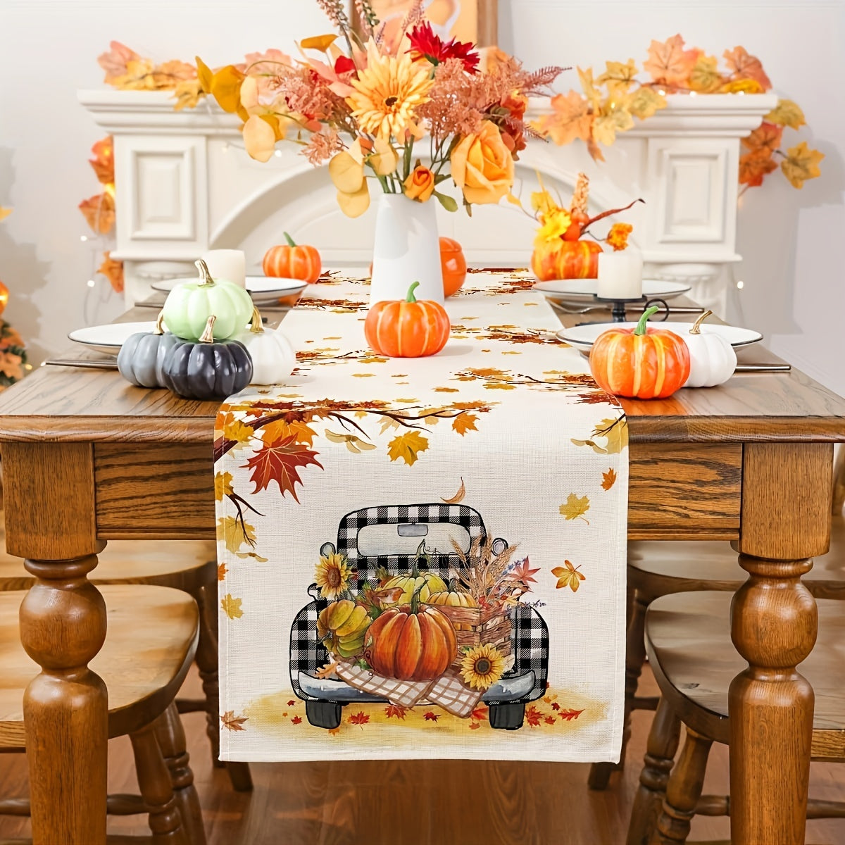 Fall Harvest Pumpkin Truck Table Runner - Seasonal Buffalo Plaid Table Decor for Indoor Outdoor Dining Tables - Thanksgiving Holiday Decorations for Home Fall Decorations