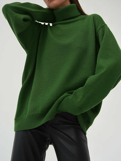 xakxx Long Sleeves Loose Solid Color High Neck Knitwear Pullovers Sweater Tops