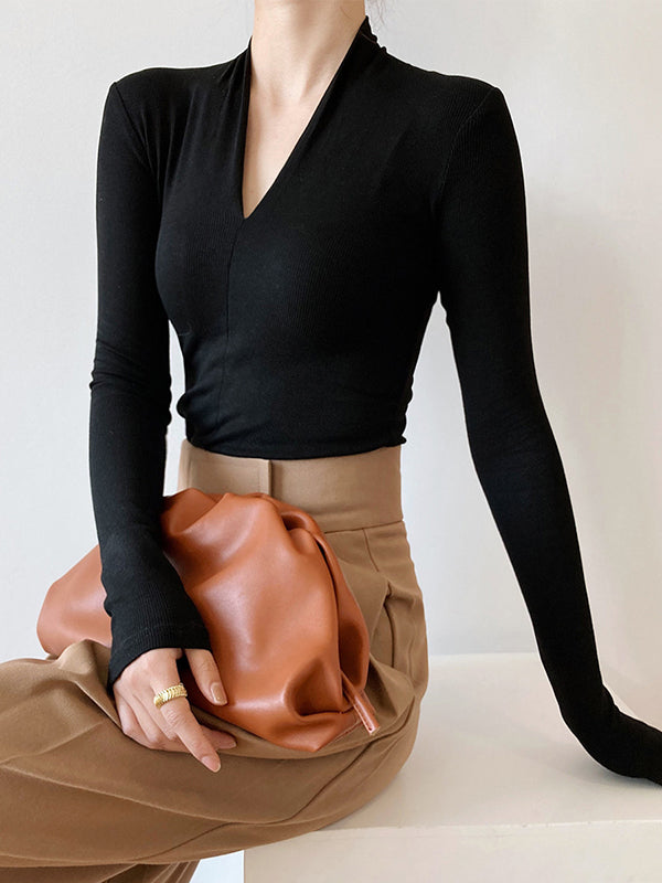xakxx Long Sleeves Skinny Solid Color V-Neck T-Shirts Tops