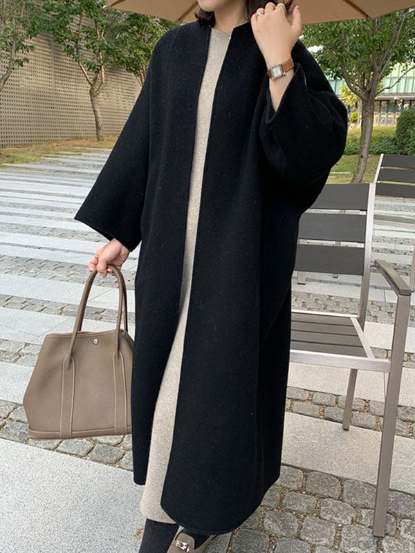 xakxx Long Sleeves Loose Solid Color Collarless Woolen Coat