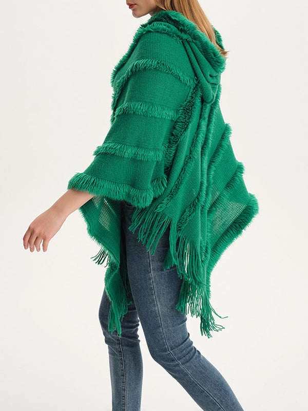 xakxx Hooded Keep Warm Solid Color Tasseled Cape Shawl&Cloak