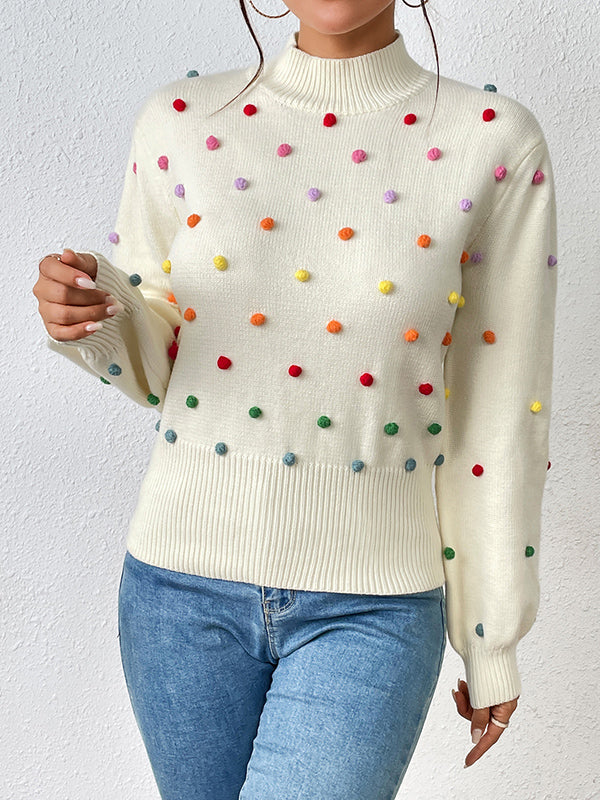 xakxx Long Sleeves Loose Pompom Triming Round-Neck Knitwear Pullovers Sweater Tops