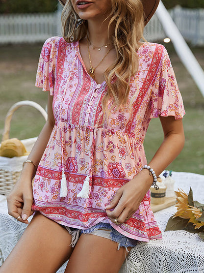 xakxx Loose Short Sleeves Buttoned Flower Print Split-Joint Tasseled Tied V-Neck T-Shirts Tops