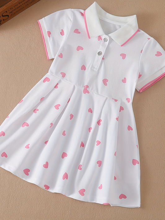 96% Cotton Girls Comfy A-line Heart Print Dress - Soft Rib-Knit Lapel Short Sleeve Design for Summer - Regular Fit, Medium Stretch, Dressy Style