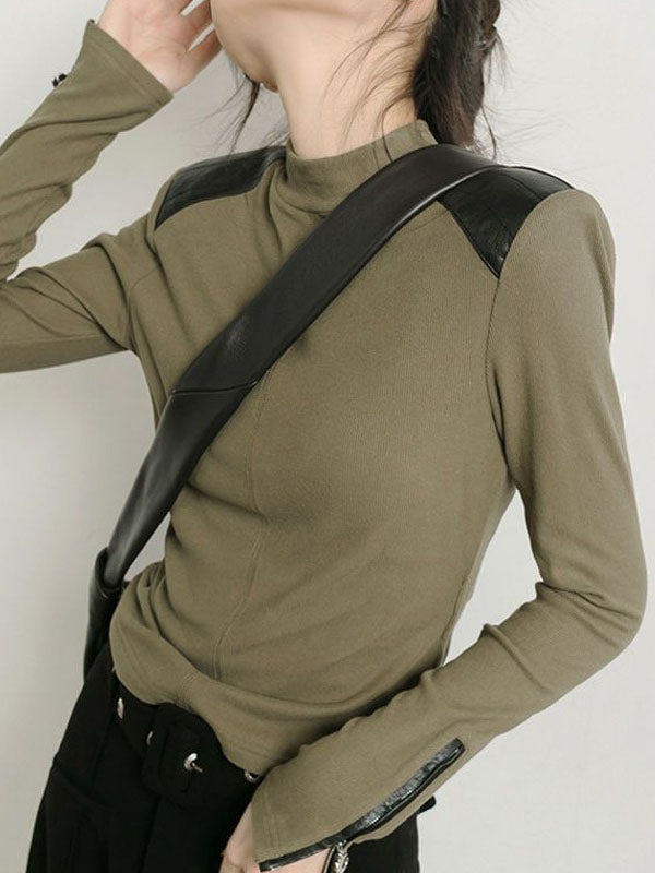 xakxx Long Sleeves Skinny Split-Joint Zipper High Neck T-Shirts