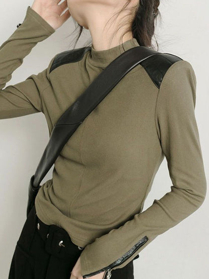 xakxx Long Sleeves Skinny Split-Joint Zipper High Neck T-Shirts