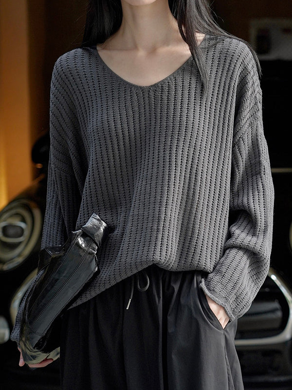 xakxx Long Sleeves Loose Solid Color V-Neck Pullovers Sweater Tops