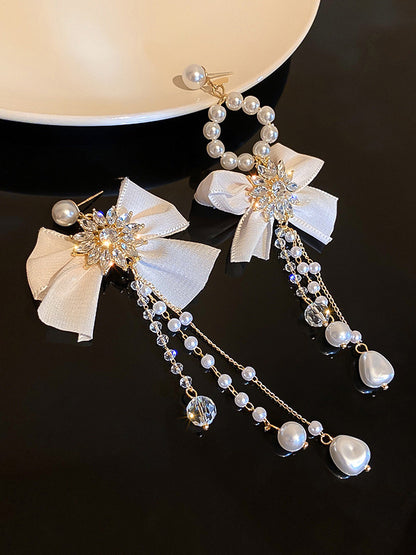 xakxx Vintage Rhinestone Bow-Embellished Tasseled Earrings Accessories