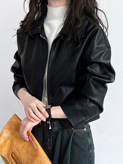 xakxx Long Sleeves Loose Solid Color Zipper Lapel Collar Jackets&Coats Outerwear