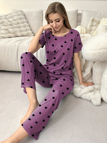 Womens Pajama Set - Soft and Breathable Short Sleeve T-shirt, Cozy Long Pants, Adorable Love Heart Print Design, Ultra-Comfortable Loungewear for Relaxation, Versatile Casual Outfit - Perfect for Home Wear and Outdoor Activities, Ideal for Lounging Around