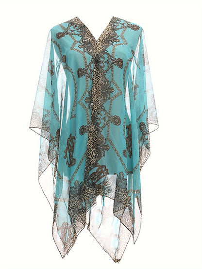 Plus Size Elegant V Neck Shawl Top - Long Sleeve, Semi-Sheer, Positioning Printed, Middle East Style, Woven Polyester Blouse for Spring, Summer, and Fall - Chic Womens Clothing for Curvy Figures