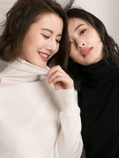 xakxx Simple Loose Long Sleeves Solid Color High-Neck Sweater Tops