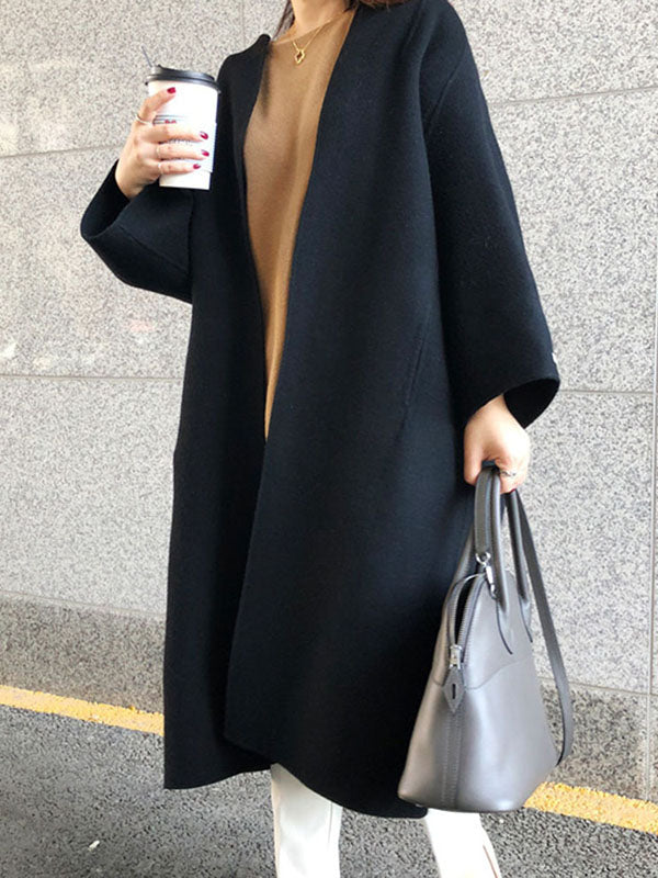xakxx Long Sleeves Loose Solid Color Collarless Woolen Coat