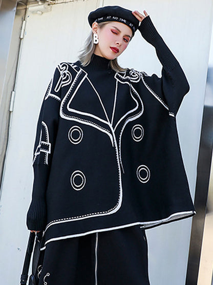 xakxx Casual Loose Long Sleeves Contrast Color Jacquard High-Neck Sweater Tops