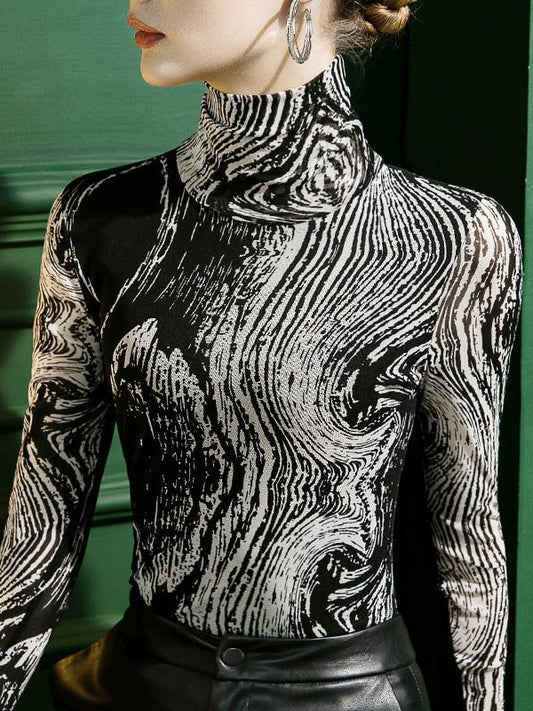 xakxx Long Sleeves Skinny Printed High-Neck T-Shirts