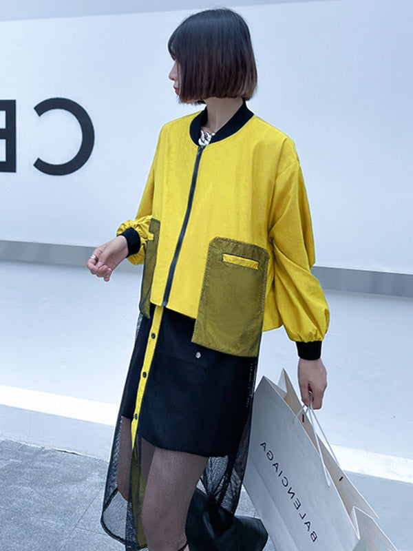 xakxx Stylish Split-Joint With Pocket Mesh Buttoned Stand Collar Long Sleeves Jacket Outwear