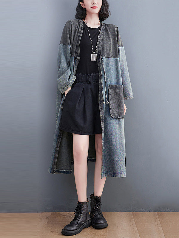 xakxx Artistic Retro Denim Long Sleeves Loose Tied Split-Joint Trench Outerwear