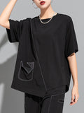 xakxx Loose Short Sleeves Asymmetric Solid Color Split-Joint Round-Neck T-Shirts Tops