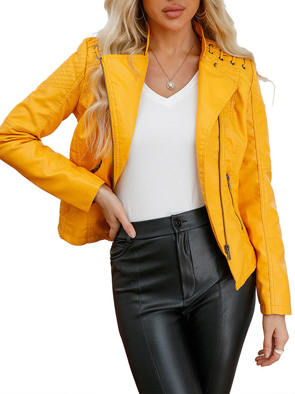 xakxx Long Sleeves Split-Joint Zipper Mock Neck PU Jackets Outerwear