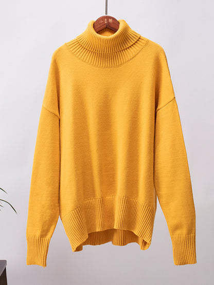 xakxx Long Sleeves Loose Solid Color High Neck Knitwear Pullovers Sweater Tops