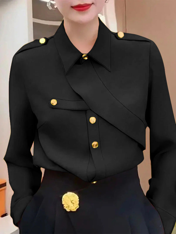 xakxx Long Sleeves Loose Asymmetric Buttoned Lapel Blouses&Shirts Tops