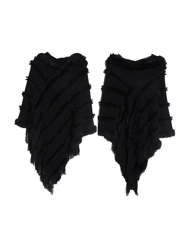 xakxx Hooded Keep Warm Solid Color Tasseled Cape Shawl&Cloak