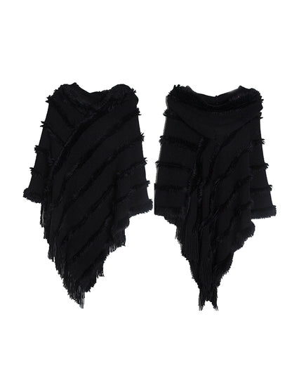 xakxx Hooded Keep Warm Solid Color Tasseled Cape Shawl&Cloak