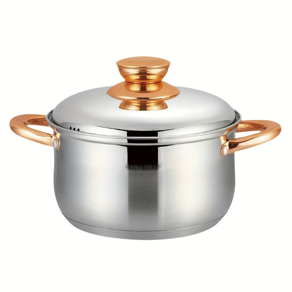 1pc Soup Pot,, High Quality Thickened Stainless Steel Soup Pot, 5-layer Bottom Double-eared Soup Pot, Stew Pot, Sauce Pot, Dessert Pot, Steel Cover, Mirror Polish, 0.5mm Pot Body, 1.57inch Pot Bottom